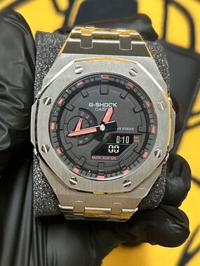 Casio G-Shock GA-2100 Custom Mod Watch Silver Steel Case Black Red Dial